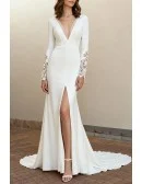 Graceful Long Sleeved Wedding Gown Featuring Lace Cuffs And High Slit