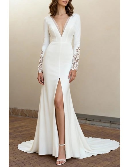 Graceful Long Sleeved Wedding Gown Featuring Lace Cuffs And High Slit