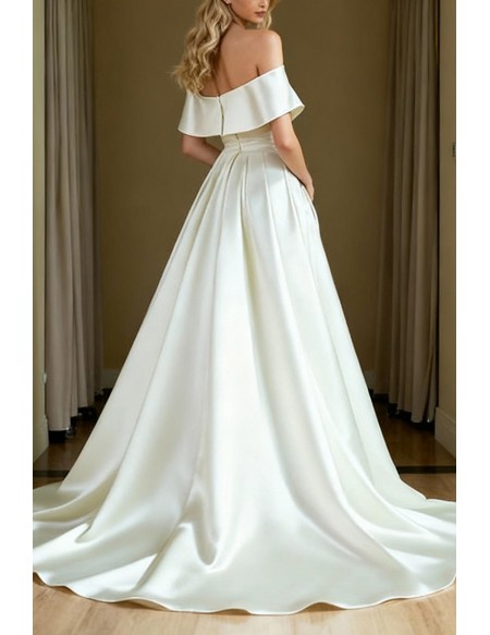 Glamorous Satin Off Shoulder Wedding Dress Featuring Ruffle Detail