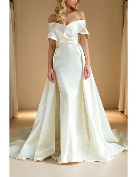 Glamorous Satin Off Shoulder Wedding Dress Featuring Ruffle Detail