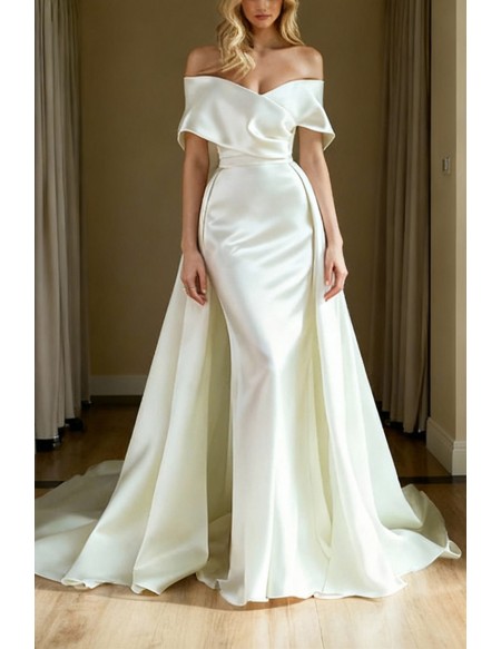 Glamorous Satin Off Shoulder Wedding Dress Featuring Ruffle Detail