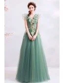 Unique Formal Green Tulle Prom Dress With Flowers Vneck Cap Sleeves
