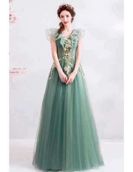 Unique Formal Green Tulle Prom Dress With Flowers Vneck Cap Sleeves