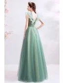 Unique Formal Green Tulle Prom Dress With Flowers Vneck Cap Sleeves