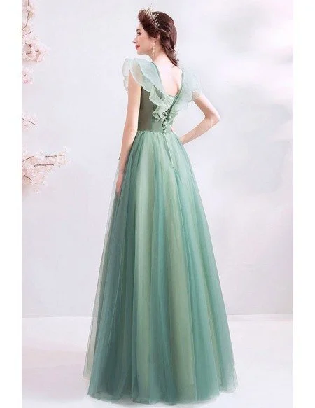 Unique Formal Green Tulle Prom Dress With Flowers Vneck Cap Sleeves