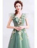 Unique Formal Green Tulle Prom Dress With Flowers Vneck Cap Sleeves