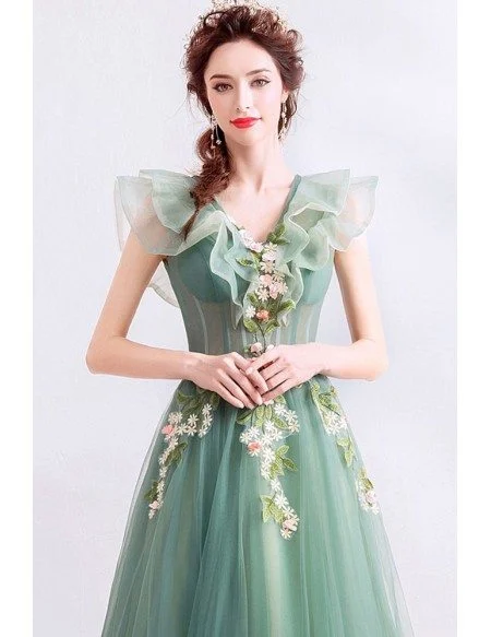 Unique Formal Green Tulle Prom Dress With Flowers Vneck Cap Sleeves