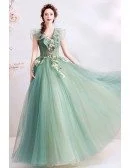 Unique Formal Green Tulle Prom Dress With Flowers Vneck Cap Sleeves