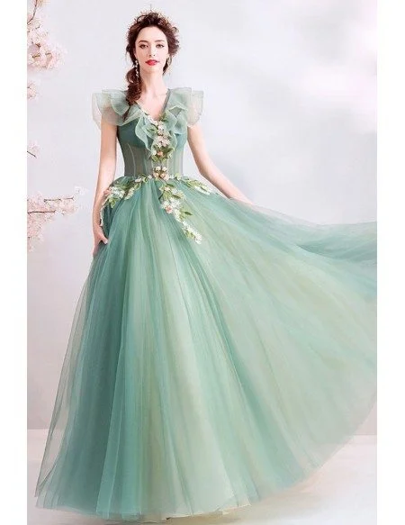 Unique Formal Green Tulle Prom Dress With Flowers Vneck Cap Sleeves