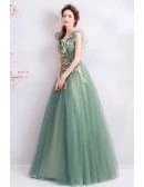 Unique Formal Green Tulle Prom Dress With Flowers Vneck Cap Sleeves
