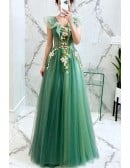 Unique Formal Green Tulle Prom Dress With Flowers Vneck Cap Sleeves