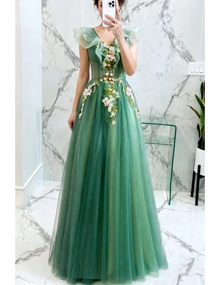 Unique Formal Green Tulle Prom Dress With Flowers Vneck Cap Sleeves