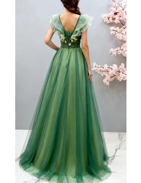 Unique Formal Green Tulle Prom Dress With Flowers Vneck Cap Sleeves