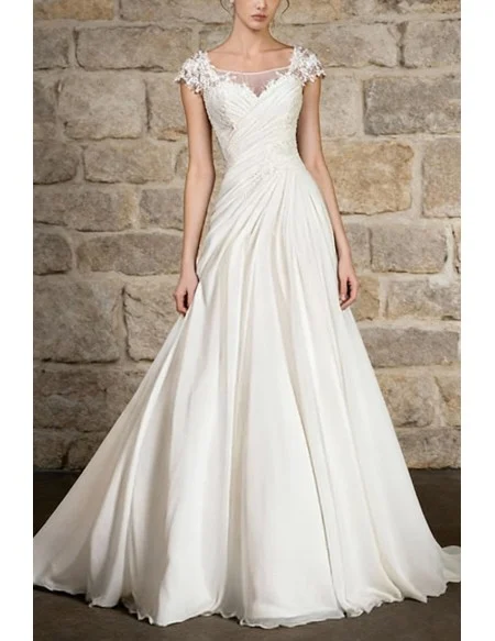 Elegant Ivory Long Wedding Dress With Cap Sleeves And Pleated Bodice