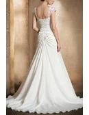 Elegant Ivory Long Wedding Dress With Cap Sleeves And Pleated Bodice