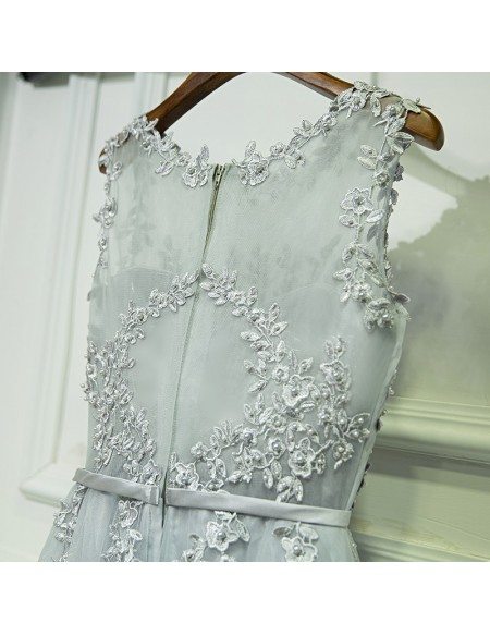 Gorgeous Grey Lace Tulle Prom Dress Long Sleeveless