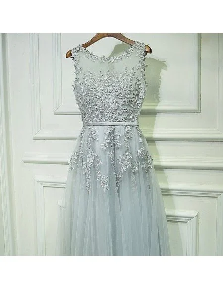 Gorgeous Grey Lace Tulle Prom Dress Long Sleeveless