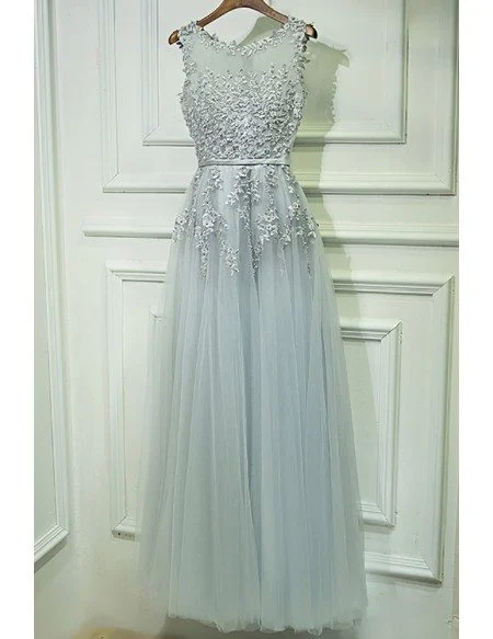 Gorgeous Grey Lace Tulle Prom Dress Long Sleeveless