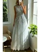 Gorgeous Grey Lace Tulle Prom Dress Long Sleeveless