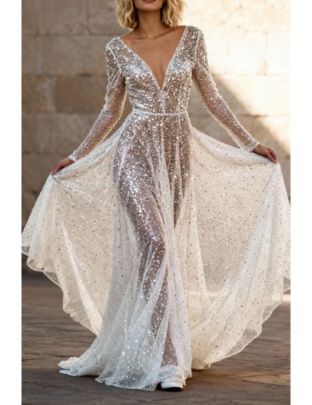 Glittering Long Sleeve Backless Wedding Dress With V-Neck And Sequined Bodice
