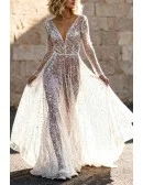 Glittering Long Sleeve Backless Wedding Dress With V-Neck And Sequined Bodice