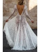 Glittering Long Sleeve Backless Wedding Dress With V-Neck And Sequined Bodice