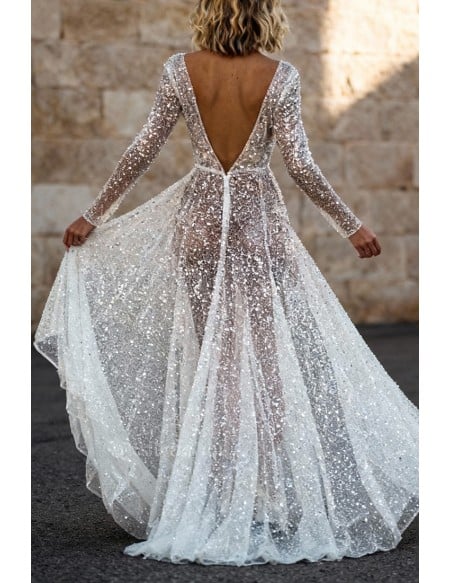 Glittering Long Sleeve Backless Wedding Dress With V-Neck And Sequined Bodice