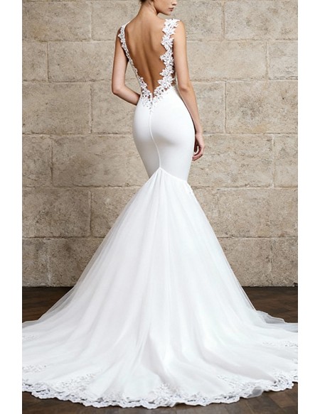 Exquisite White Fitted Mermaid Lace Wedding Dress with Open Back