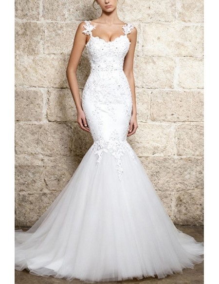 Exquisite White Fitted Mermaid Lace Wedding Dress with Open Back