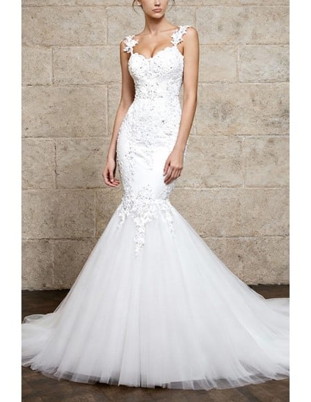 Exquisite White Fitted Mermaid Lace Wedding Dress with Open Back