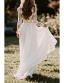 Graceful White Illusion Neckline Wedding Gown Featuring Lace Long Sleeves