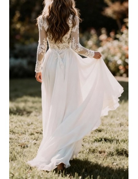 Graceful White Illusion Neckline Wedding Gown Featuring Lace Long Sleeves