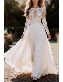Graceful White Illusion Neckline Wedding Gown Featuring Lace Long Sleeves