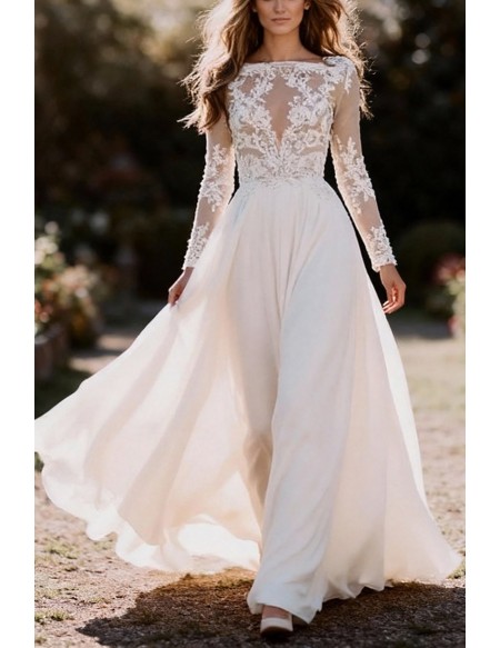 Graceful White Illusion Neckline Wedding Gown Featuring Lace Long Sleeves