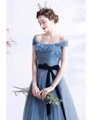 Elegant Mist Blue Tulle Off Shoulder Prom Dress with Bow Knot Sash
