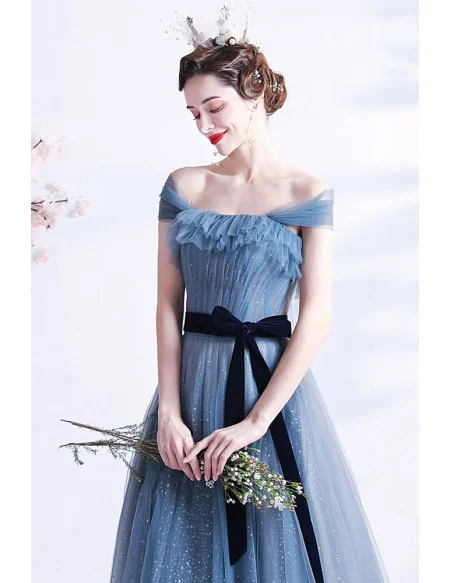Elegant Mist Blue Tulle Off Shoulder Prom Dress with Bow Knot Sash