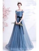 Elegant Mist Blue Tulle Off Shoulder Prom Dress with Bow Knot Sash