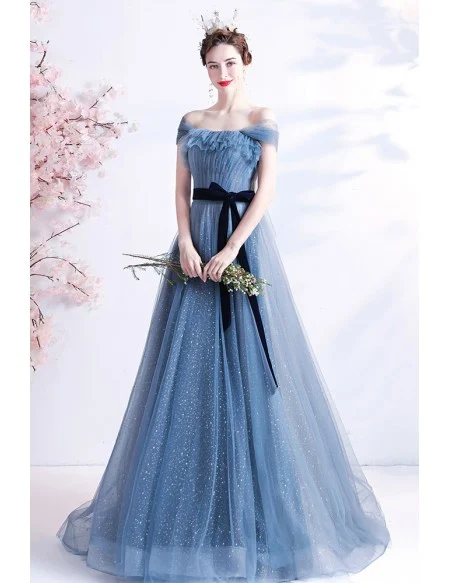 Elegant Mist Blue Tulle Off Shoulder Prom Dress with Bow Knot Sash