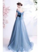 Elegant Mist Blue Tulle Off Shoulder Prom Dress with Bow Knot Sash