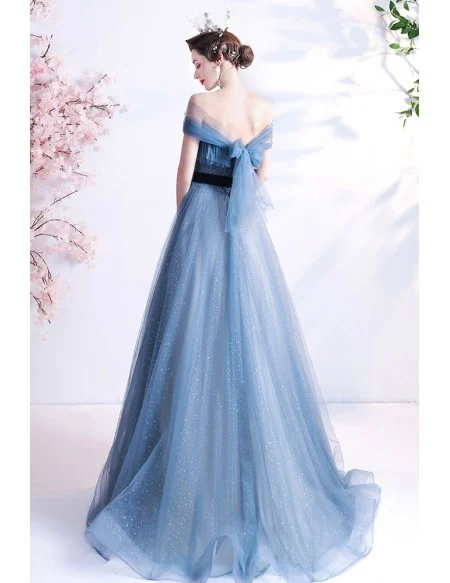 Elegant Mist Blue Tulle Off Shoulder Prom Dress with Bow Knot Sash