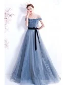 Elegant Mist Blue Tulle Off Shoulder Prom Dress with Bow Knot Sash