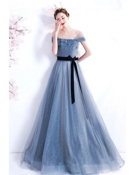 Elegant Mist Blue Tulle Off Shoulder Prom Dress with Bow Knot Sash