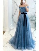 Elegant Mist Blue Tulle Off Shoulder Prom Dress with Bow Knot Sash