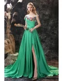 Green Long Slit Chiffon Prom Dress Trained with Colorful Flowers Neck