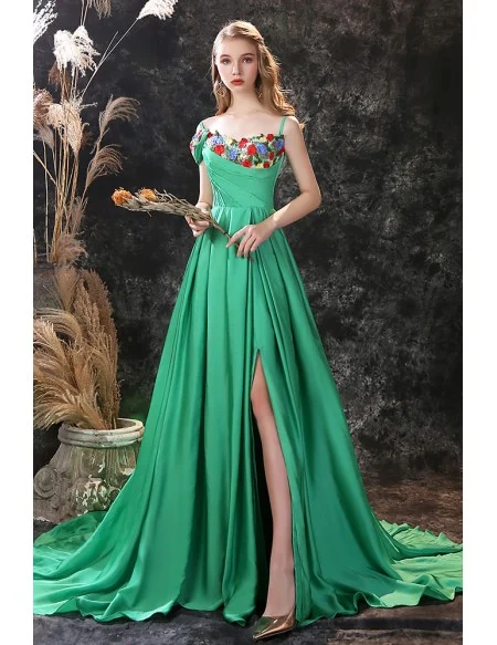 Green Long Slit Chiffon Prom Dress Trained with Colorful Flowers Neck