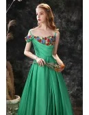 Green Long Slit Chiffon Prom Dress Trained with Colorful Flowers Neck