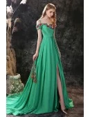 Green Long Slit Chiffon Prom Dress Trained with Colorful Flowers Neck