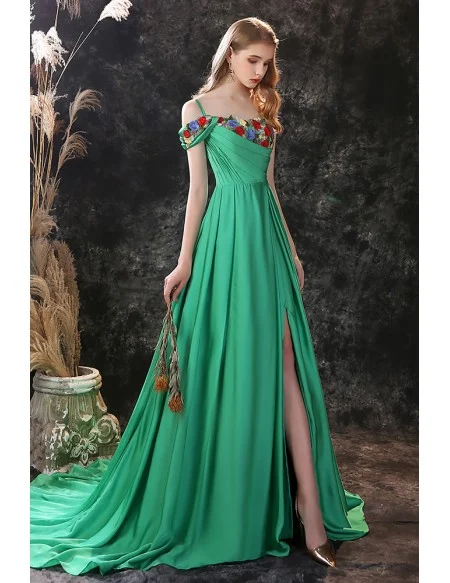 Green Long Slit Chiffon Prom Dress Trained with Colorful Flowers Neck