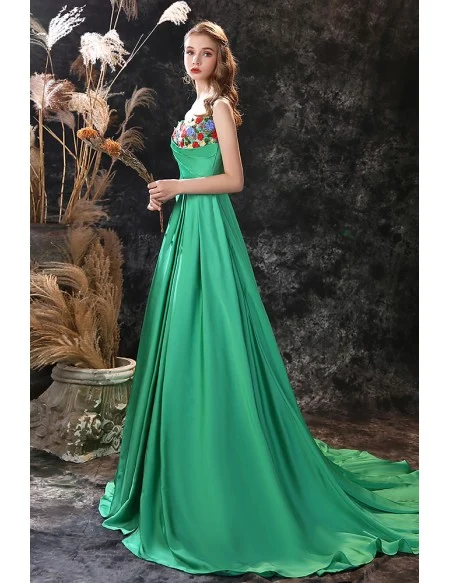 Green Long Slit Chiffon Prom Dress Trained with Colorful Flowers Neck