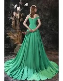 Green Long Slit Chiffon Prom Dress Trained with Colorful Flowers Neck